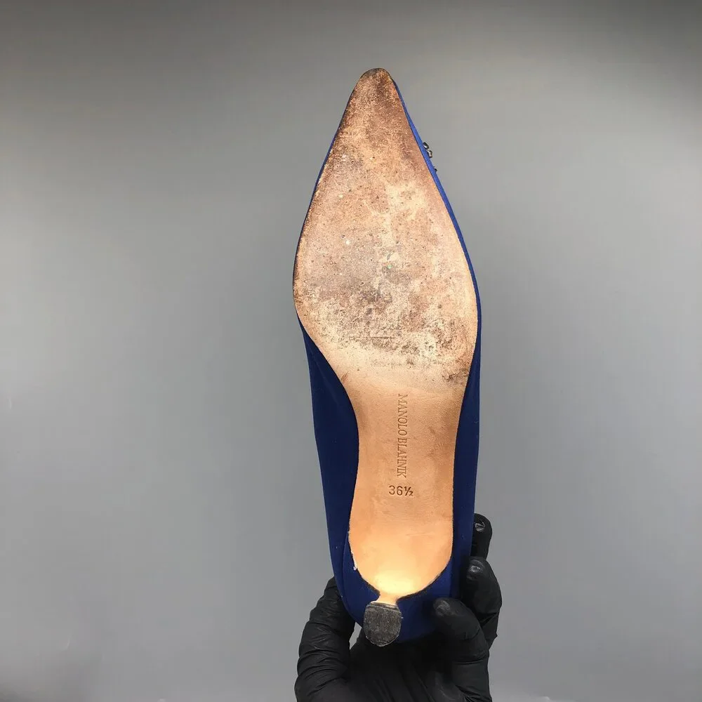 Manolo Blahnik Cobalt Satin Pointed-Toe Pumps with Jeweled Buckle - Picture 7 of 10